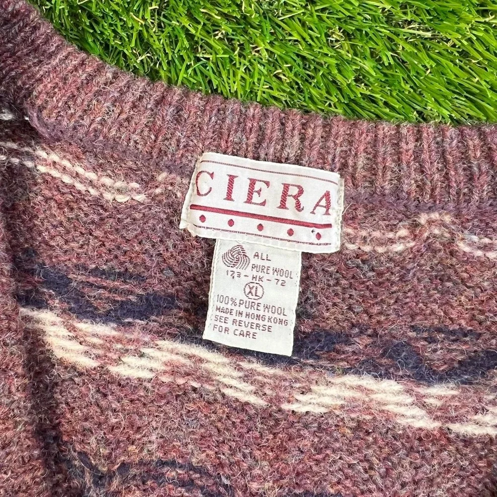 Vintage Ciera 100% Wool Nordic Fair Isle Sweater XL Brown Pink Gray 90s Knitwear